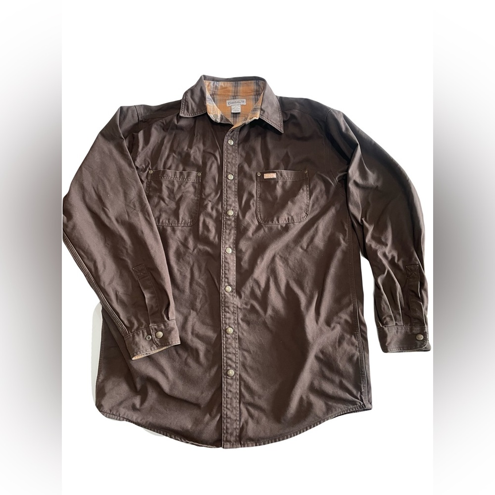 Brown Carhartt flannel Lined Canvas Shirt Jacket
Size L Tall